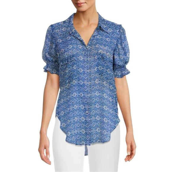 Misa Los Angeles Lara High Low Blue Printed Chiffon Button Down Top SMALL - Picture 1 of 8